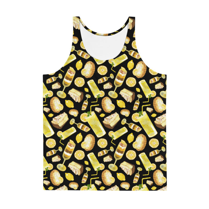 Lemon kawaii men's tank top in black with juicy lemon slices and torched meringue peaks