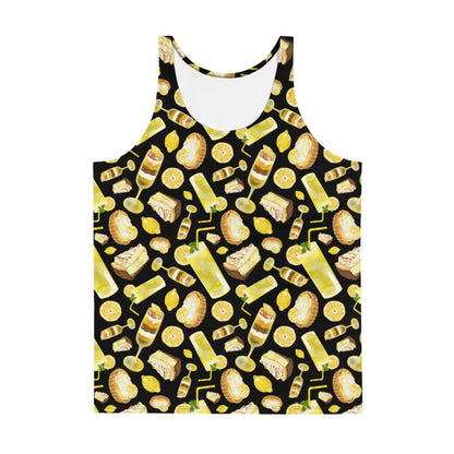 Lemon kawaii men's tank top in black with juicy lemon slices and torched meringue peaks