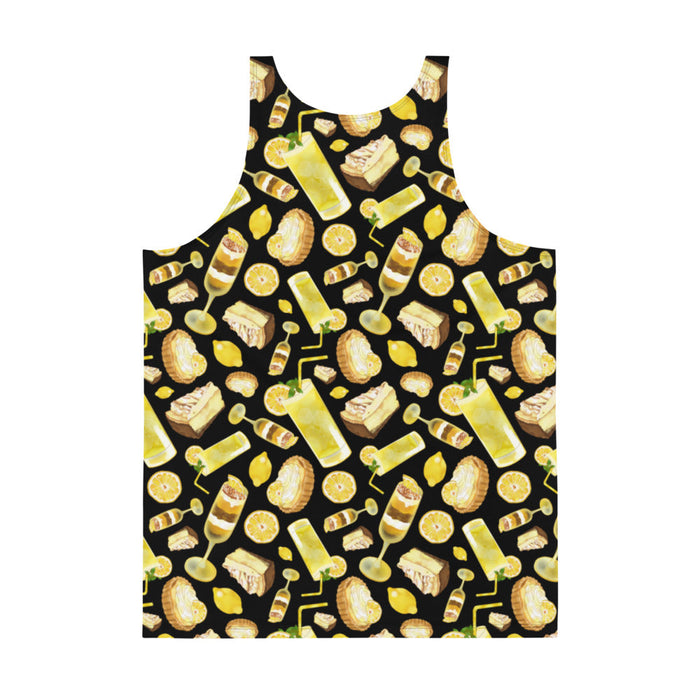 Lemon kawaii men's tank top in yellow with a lemon meringue pie and glossy whole lemons
