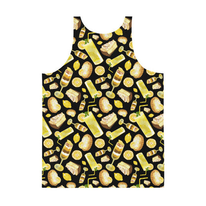 Lemon kawaii men's tank top in yellow with a lemon meringue pie and glossy whole lemons