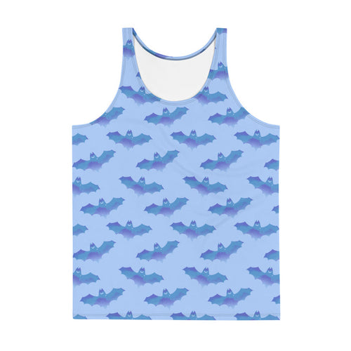 Lilith gothic men's tank top in blue with watercolor bats and crescent moons