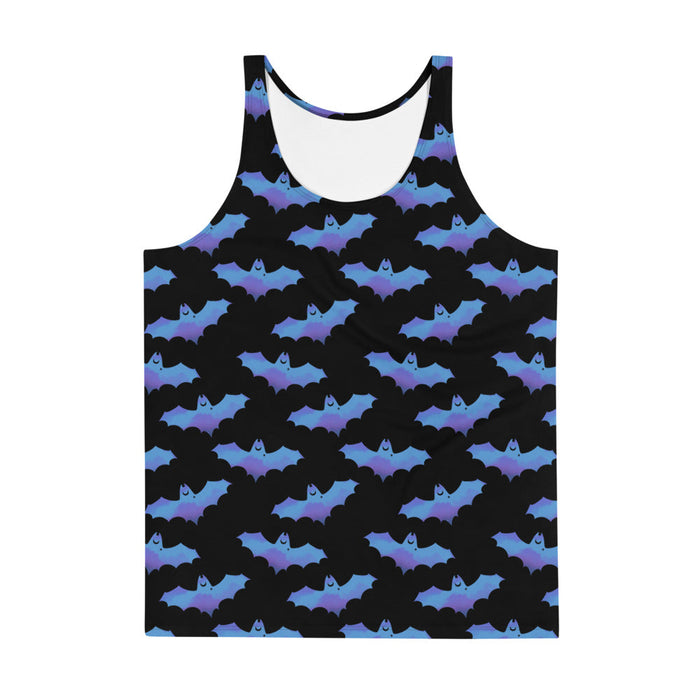 Lilith alternative men's tank top in blue with painterly bats and tiny crescent moons