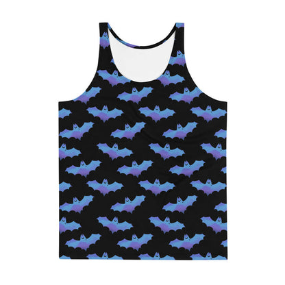 Lilith alternative men's tank top in blue with painterly bats and tiny crescent moons