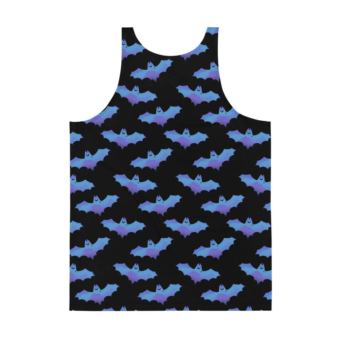 Lilith gothic men's tank top in blue with dusky bats and soft clouds