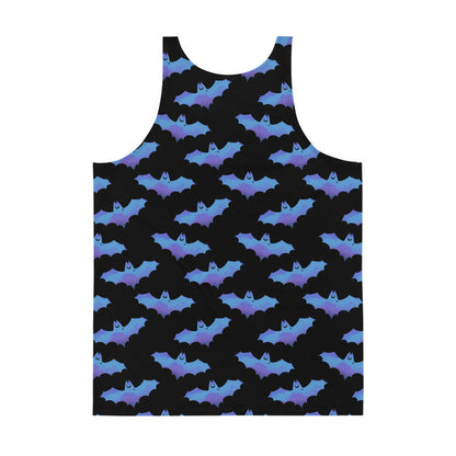 Lilith gothic men's tank top in blue with dusky bats and soft clouds