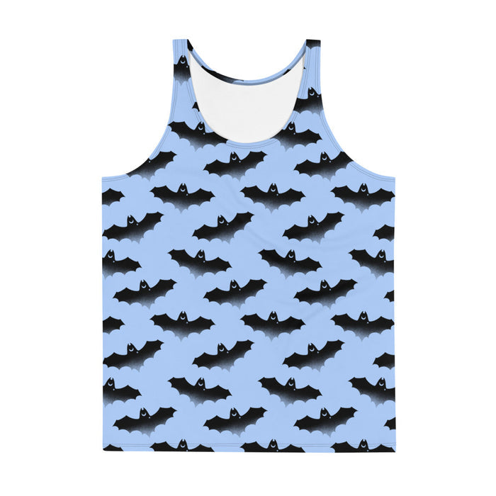Lilith pastel-goth men's tank top in blue with watercolor bats and drifting clouds