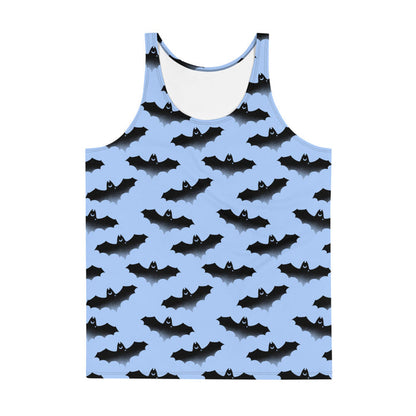 Lilith pastel-goth men's tank top in blue with watercolor bats and drifting clouds