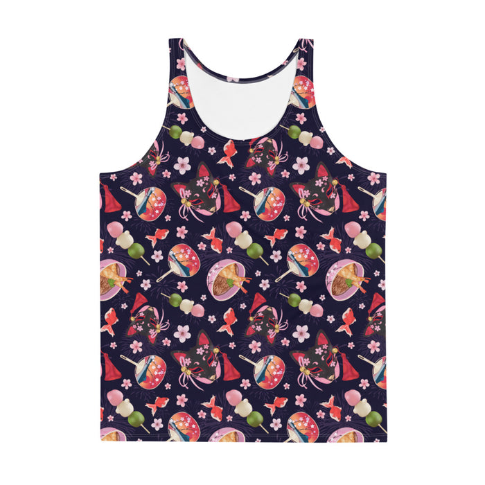 Men's Matsuri kawaii tank top with black kitsune masks and red goldfish