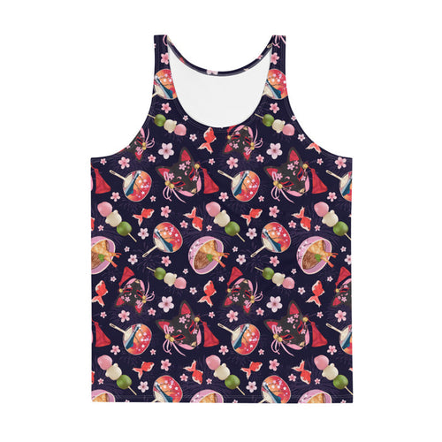 Men's Matsuri kawaii tank top with black kitsune masks and red goldfish