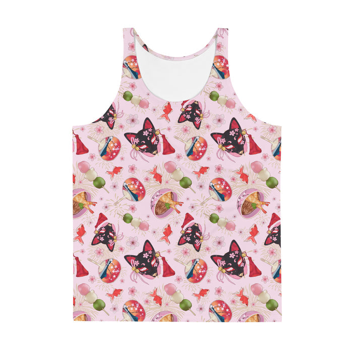 Men's Matsuri kawaii tank top with uchiwa fans and tricolor dango