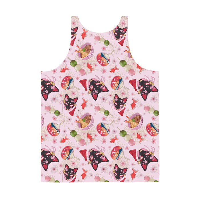 Men's Matsuri kawaii tank top with sakura-painted kitsune masks and goldfish