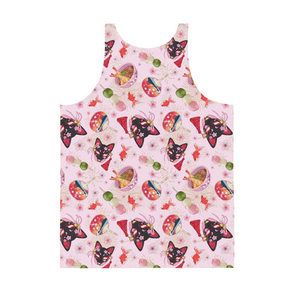 Men's Matsuri kawaii tank top with sakura-painted kitsune masks and goldfish
