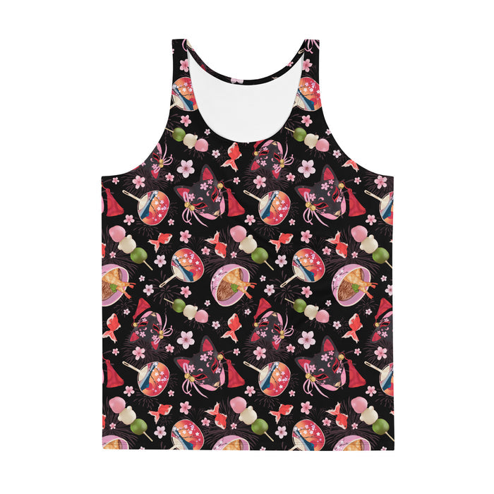 Men's Matsuri kawaii tank top with red goldfish and cherry blossoms
