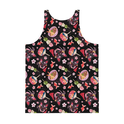 Men's Matsuri kawaii tank top with paper fans and hanami dango
