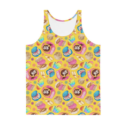 Pan Dulce kawaii men's tank top in yellow with pink conchas and marshmallow hot chocolate