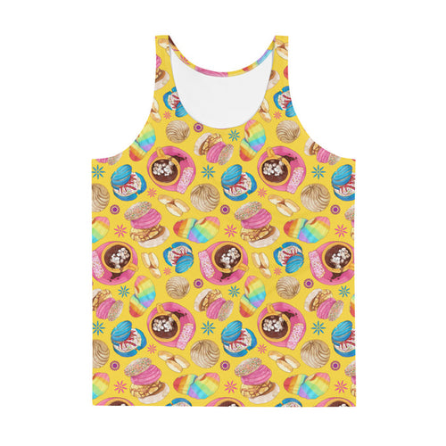 Pan Dulce kawaii men's tank top in yellow with pink conchas and marshmallow hot chocolate