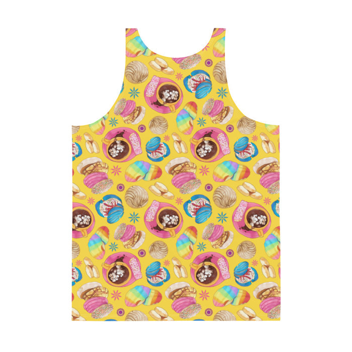 Pan Dulce kawaii men's tank top in yellow with golden conchas and golden orejas