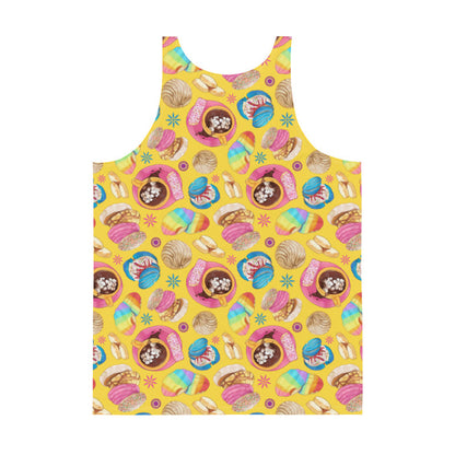 Pan Dulce kawaii men's tank top in yellow with golden conchas and golden orejas