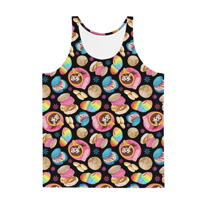Pan Dulce kawaii men's tank top in yellow with blue drizzled conchas and polvorón cookies