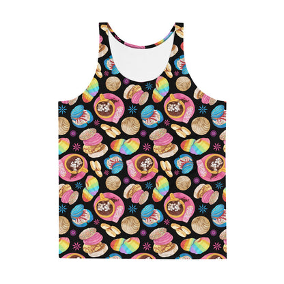 Pan Dulce kawaii men's tank top in yellow with blue drizzled conchas and polvorón cookies