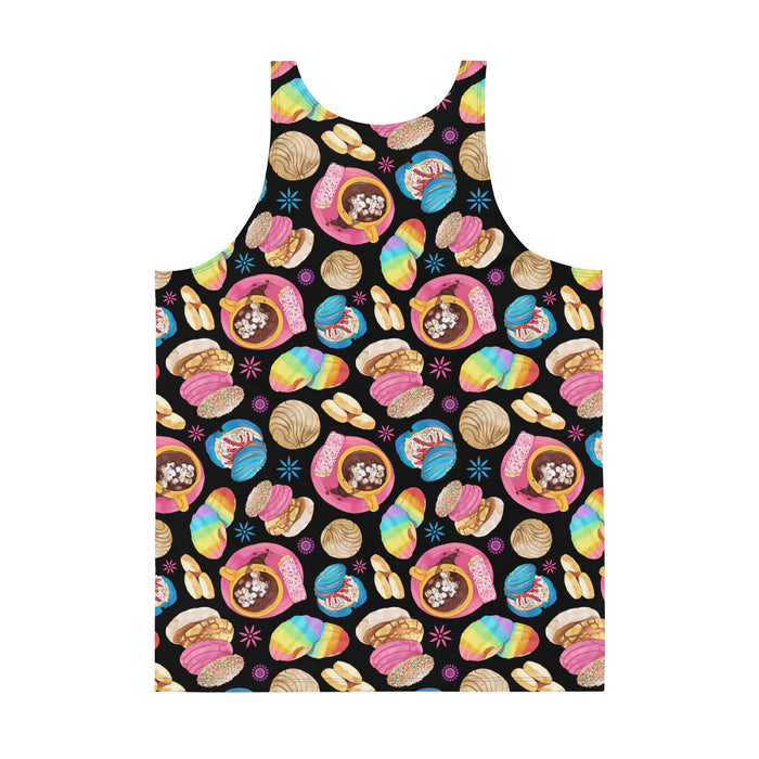 Pan Dulce kawaii men's tank top in yellow with marshmallow hot chocolate and pink cortadillos