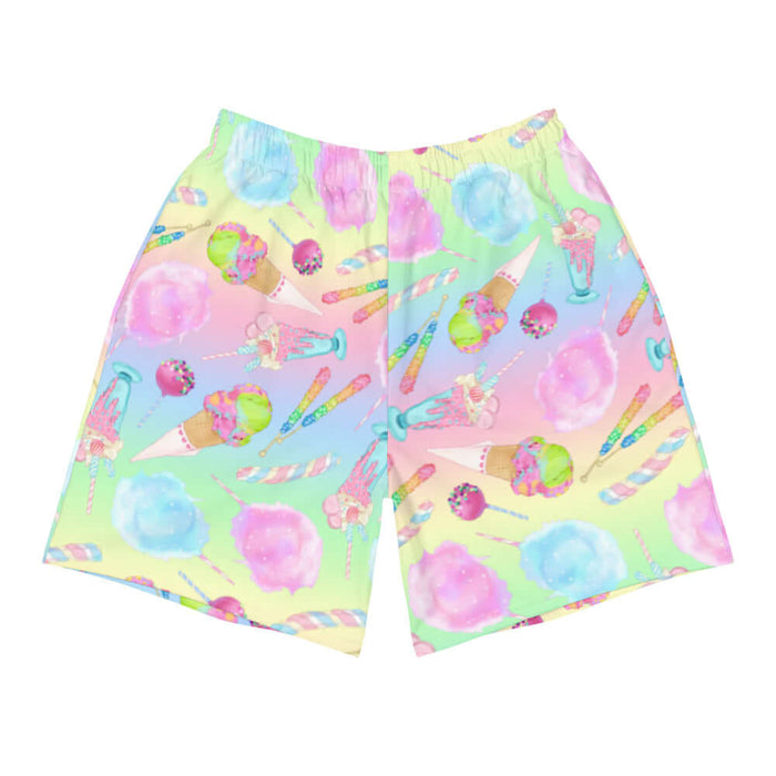 Rainbow Candy kawaii men's athletic shorts in pastel rainbow with cake pops and cotton candy clouds