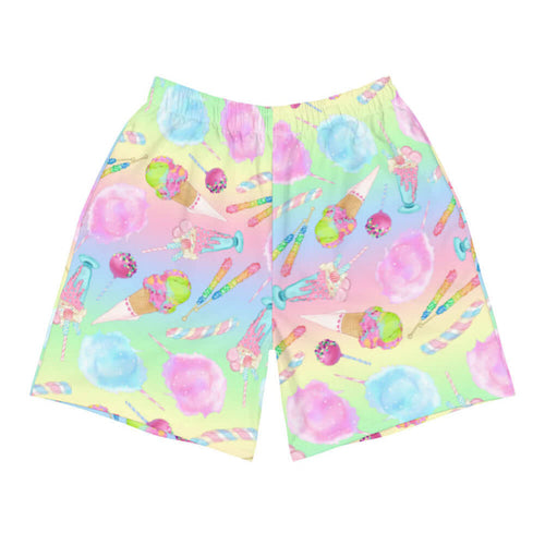 Rainbow Candy kawaii men's athletic shorts in pastel rainbow with cake pops and cotton candy clouds