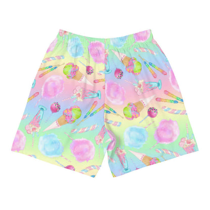 Rainbow Candy kawaii men's athletic shorts in pastel rainbow with rock candy sticks and cotton candy clouds