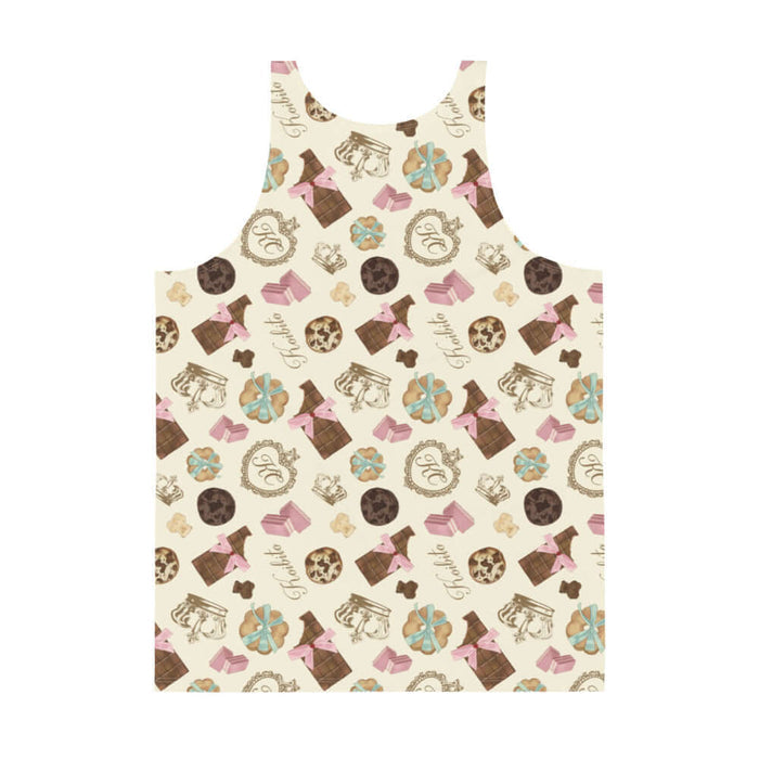Royal Cookie kawaii men's tank top in vanilla cream with milk-chocolate bars and pink satin bows