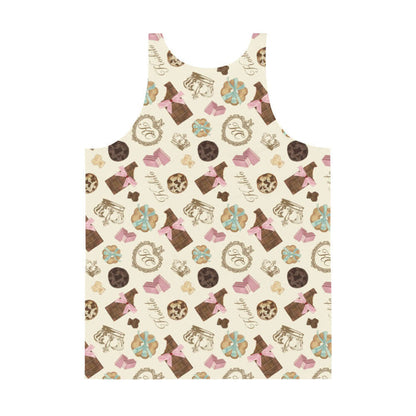 Royal Cookie kawaii men's tank top in vanilla cream with milk-chocolate bars and pink satin bows