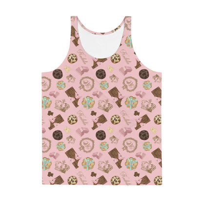 Royal Cookie kawaii men's tank top in vanilla cream with strawberry wafers and ribbon-tied cookies