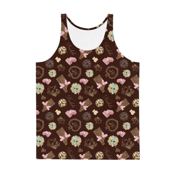 Royal Cookie kawaii men's tank top in vanilla cream with gilded monogram crests and pink bows
