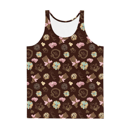 Royal Cookie kawaii men's tank top in vanilla cream with gilded monogram crests and pink bows