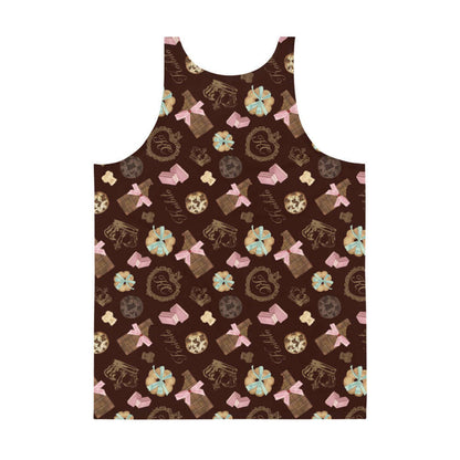 Royal Cookie kawaii men's tank top in vanilla cream with chocolate-chip cookies and strawberry wafers