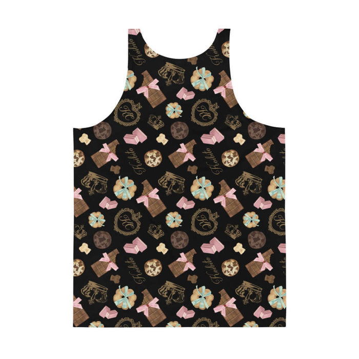 Royal Cookie kawaii men's tank top in vanilla cream with ribbon-tied cookies and cocoa truffles