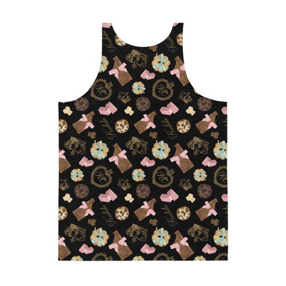 Royal Cookie kawaii men's tank top in vanilla cream with ribbon-tied cookies and cocoa truffles