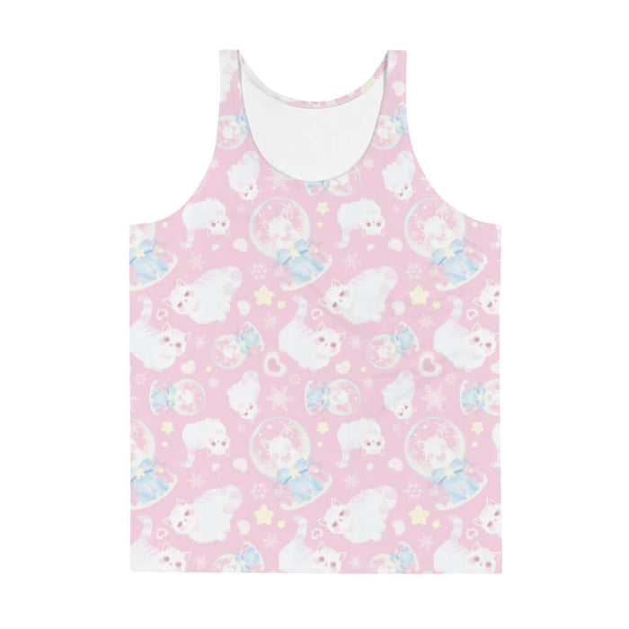 Snow Kitten kawaii men's tank top in pink with fluffy white kittens and snow globes