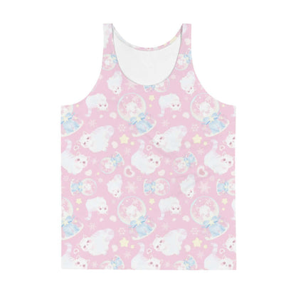 Snow Kitten kawaii men's tank top in pink with fluffy white kittens and snow globes