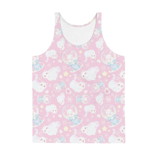 Snow Kitten kawaii men's tank top in pink with fluffy white kittens and snow globes
