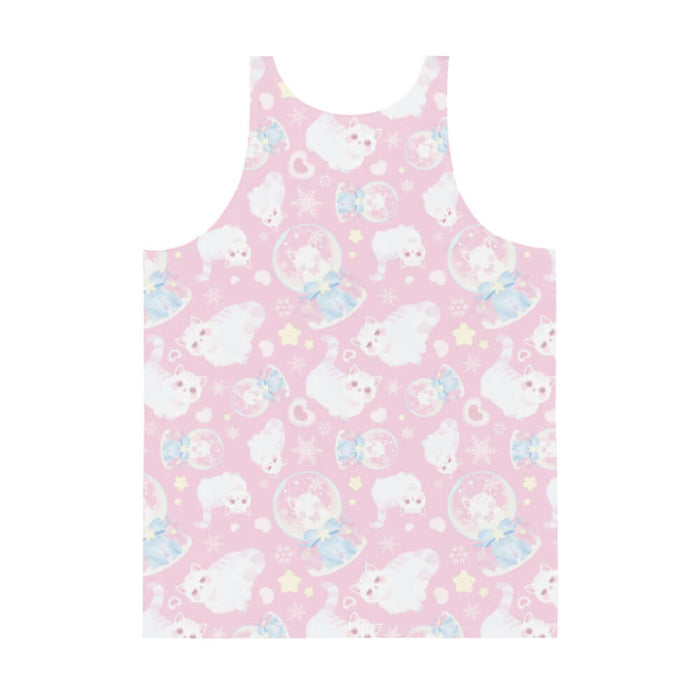 Snow Kitten kawaii men's tank top in pink with blushing kittens and blue and pink bows