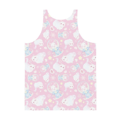 Snow Kitten kawaii men's tank top in pink with blushing kittens and blue and pink bows