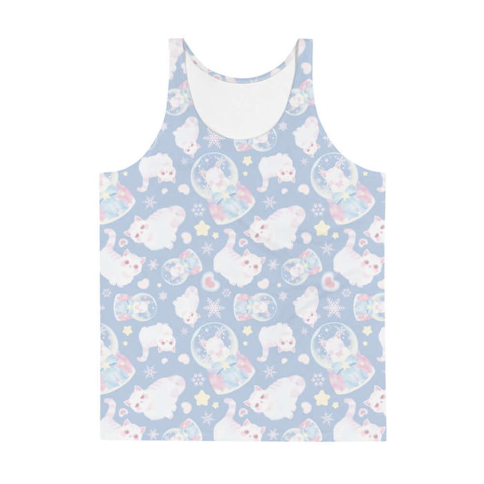 Snow Kitten kawaii men's tank top in blue with snow globes and drifting snowflakes