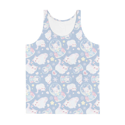 Snow Kitten kawaii men's tank top in blue with snow globes and drifting snowflakes