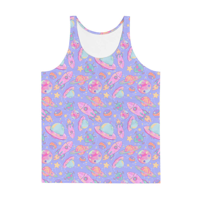 Space kawaii men's tank top in lavender with pink rockets and ringed Saturns