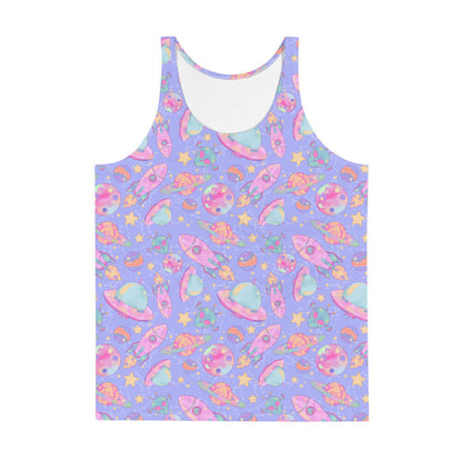 Space kawaii men's tank top in lavender with pink rockets and ringed Saturns