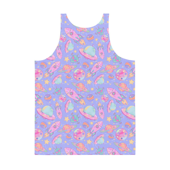 Space kawaii men's tank top in lavender with mint flying saucers and cream stars