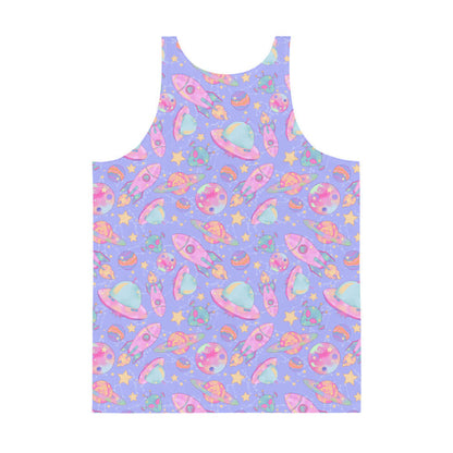 Space kawaii men's tank top in lavender with mint flying saucers and cream stars