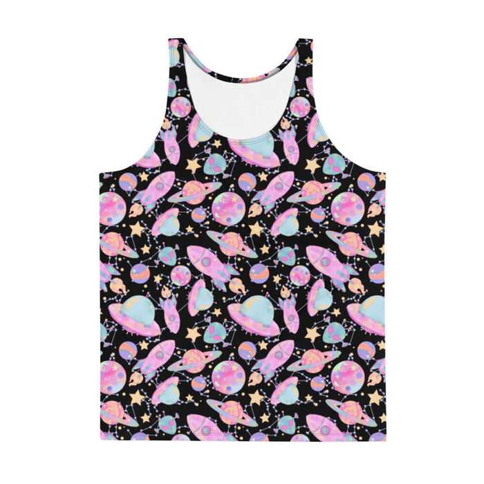 Space kawaii men's tank top in lavender with rainbow-swirled planets and glowing orbs