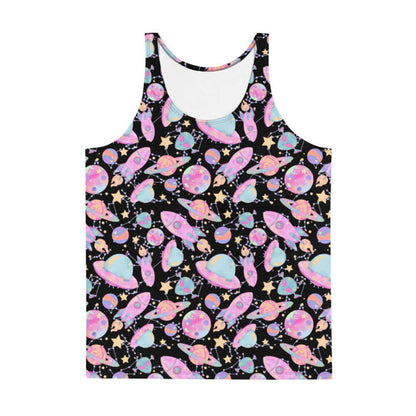 Space kawaii men's tank top in lavender with rainbow-swirled planets and glowing orbs