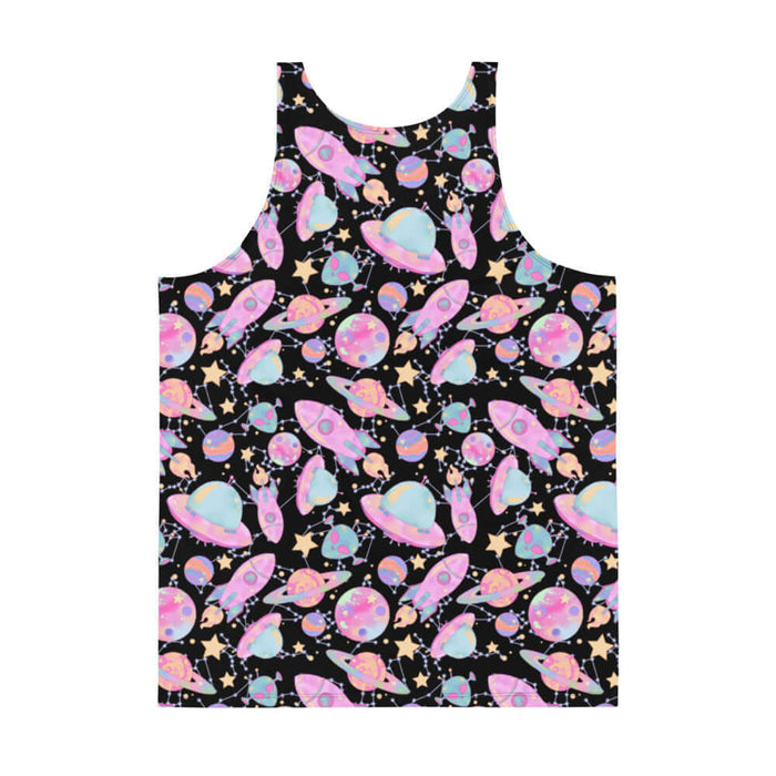 Space kawaii men's tank top in lavender with mint aliens and crescent moons